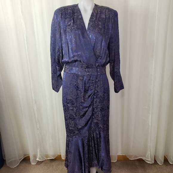 Vintage B.B. Collections purple floral wrap dress covered button mermaid hem 12 - Picture 5 of 14
